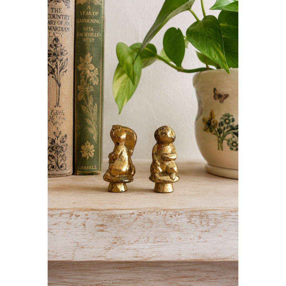 Vintage Solid Brass Bunny Rabbit Figurines Pair Heavy Cast Mid Century Rare Tiny